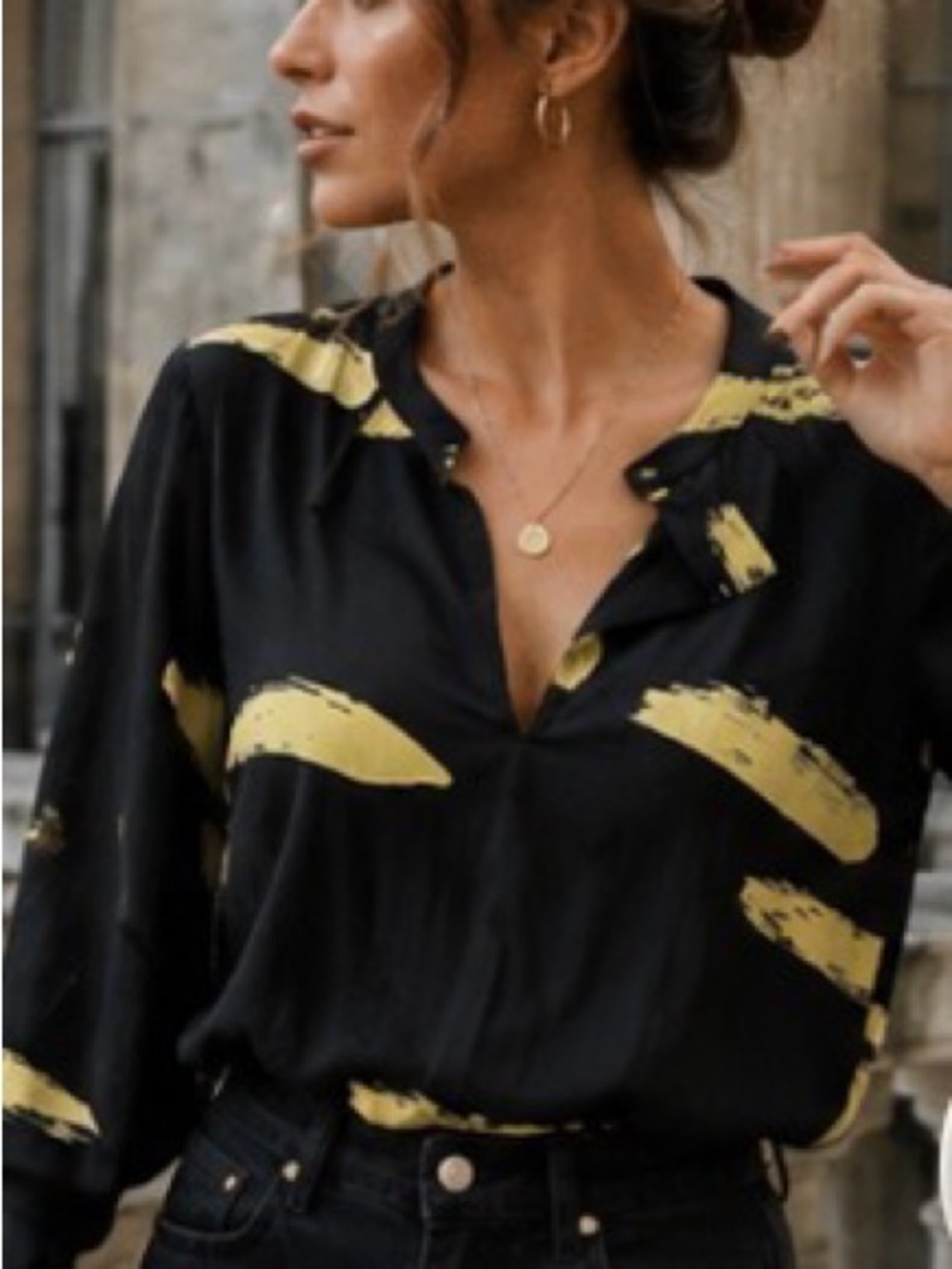 Joie Black Gold Abstract Print Long Sleeve Designer Blouse XS